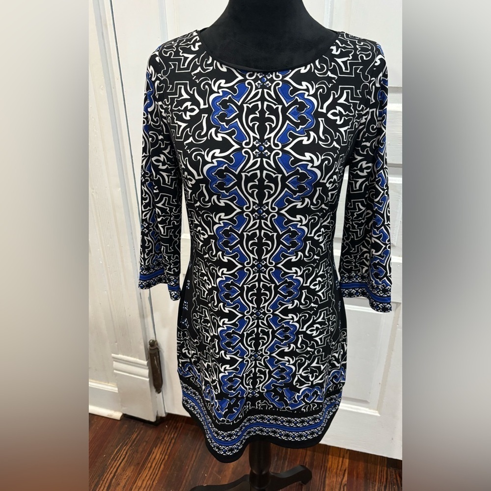White House Black Market Geometric Abstract 3/4 Sleeve Blue Black Dress Sz Xs